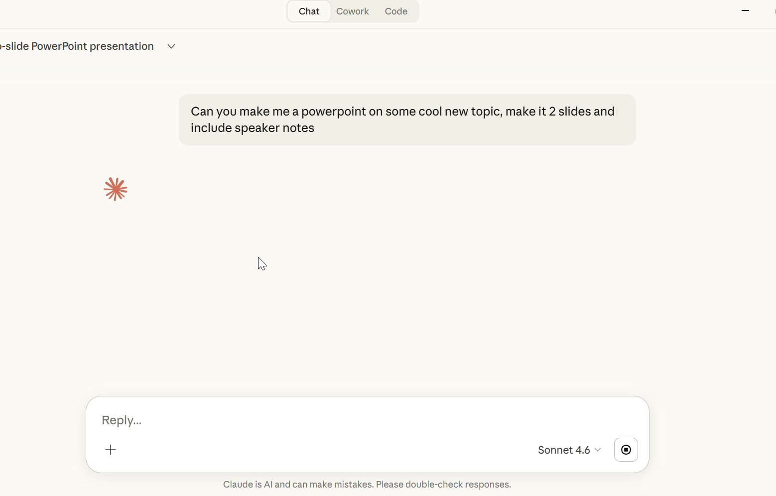 Asking Claude to create a PowerPoint presentation