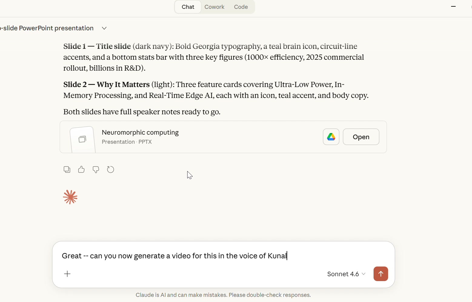 Claude presenting the finished PowerPoint with download