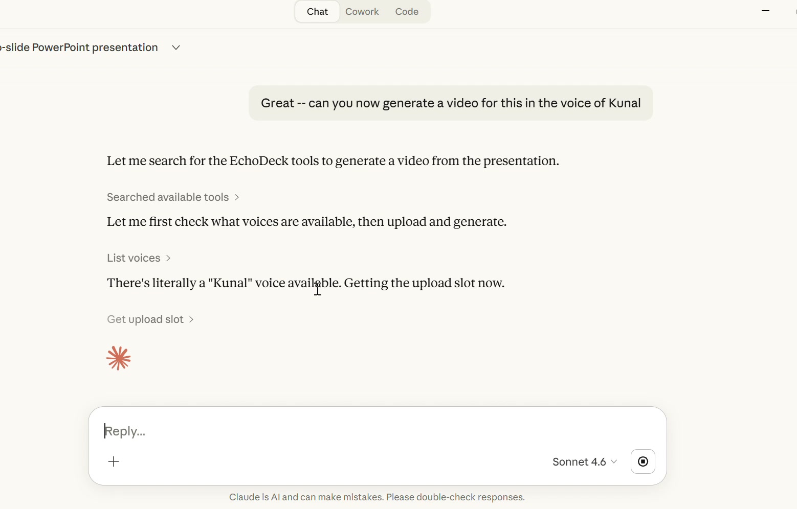Claude using EchoDeck to generate a narrated video